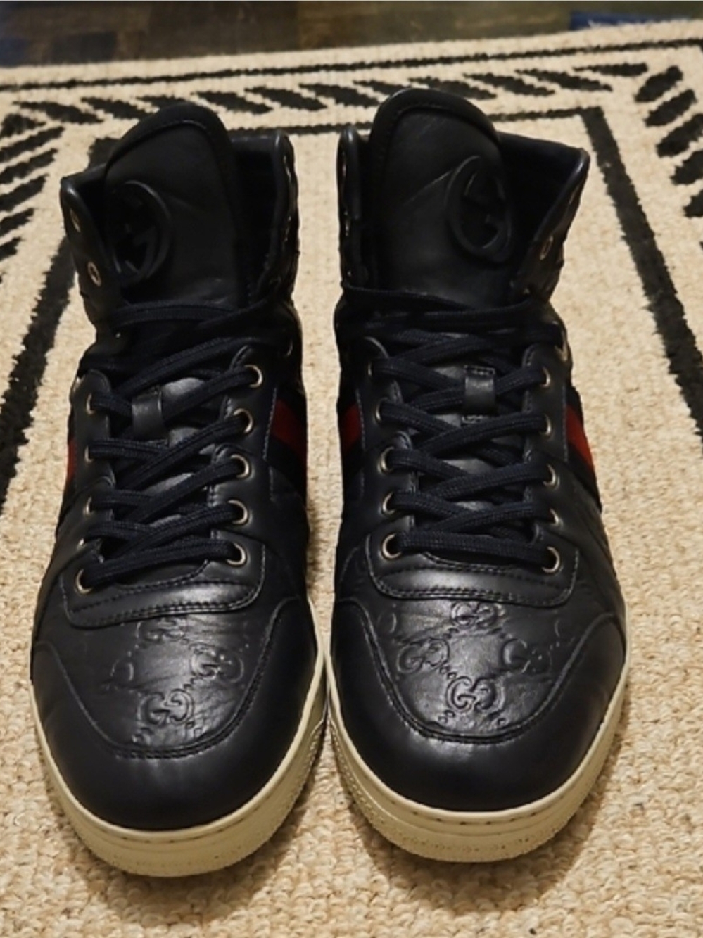 Gucci Dark Navy Leather High-Top Sneakers with Red Stripe